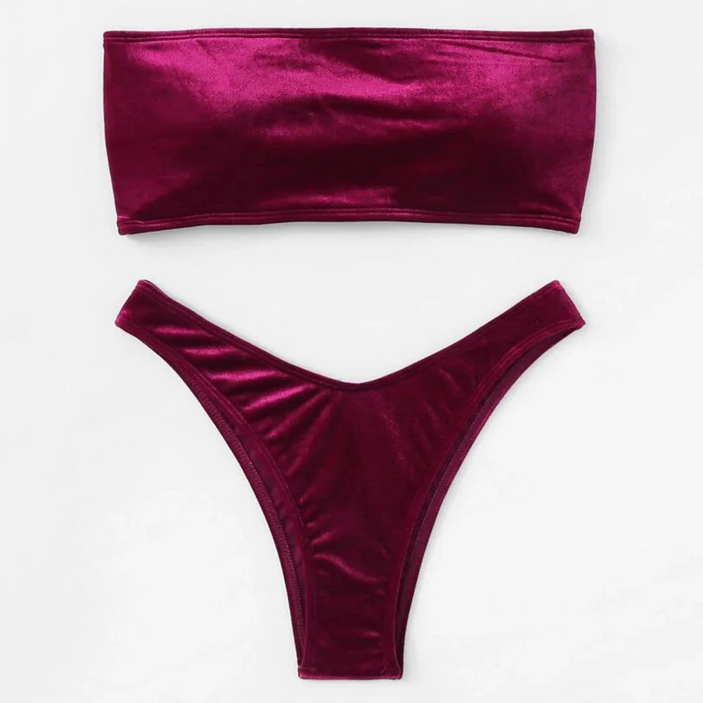 Swimwear- Beachwear Velvet Bandeau Bra & Bikini Set for Women- Wine- Pekosa Women Fashion