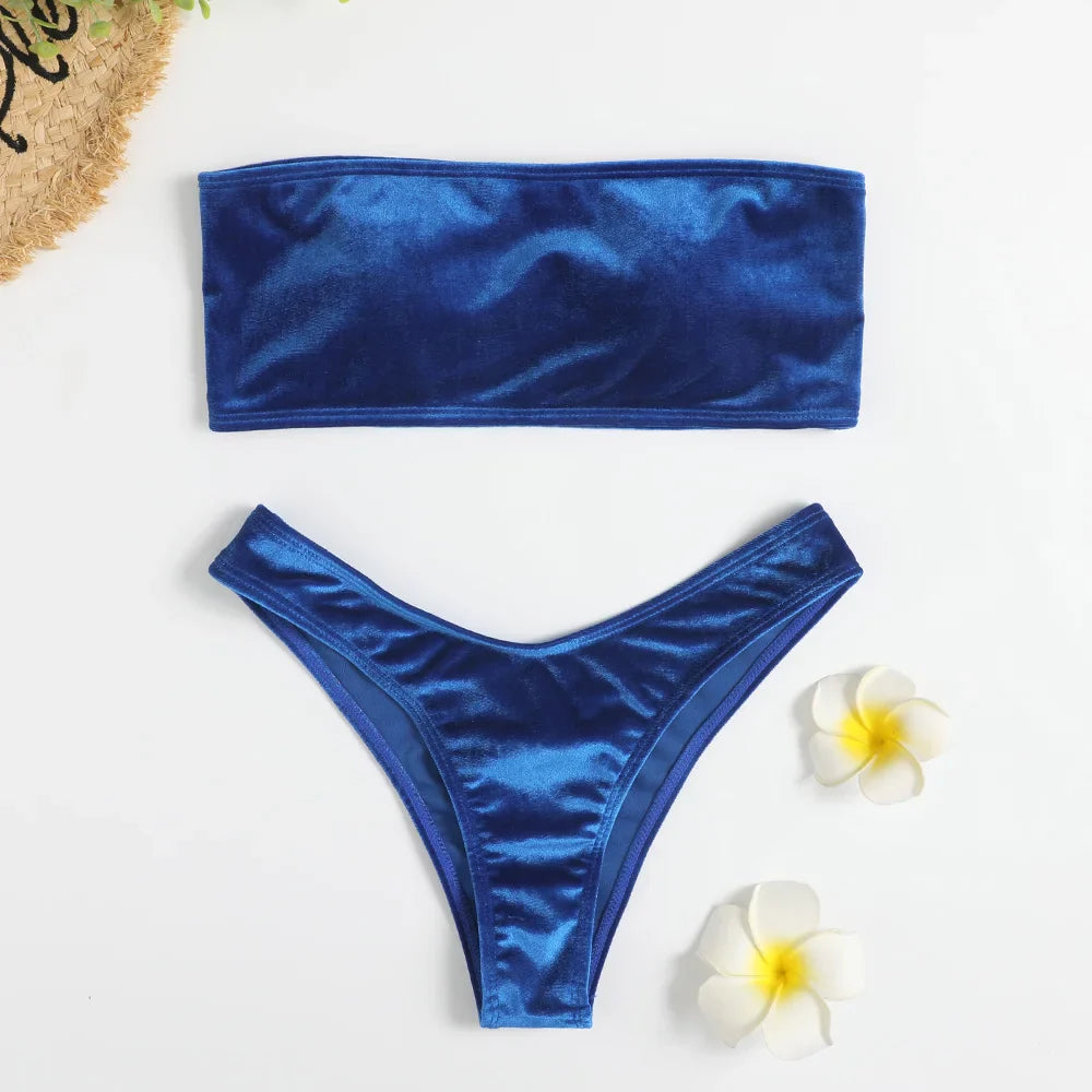 Swimwear- Beachwear Velvet Bandeau Bra & Bikini Set for Women- - Pekosa Women Fashion