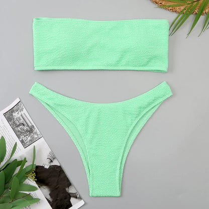 Swimwear- Beachwear Velvet Bandeau Bra & Bikini Set for Women- Green- Pekosa Women Fashion