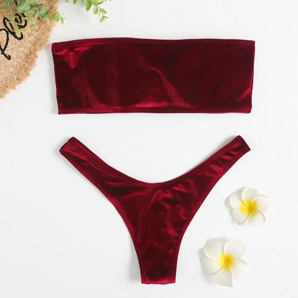 Swimwear- Beachwear Velvet Bandeau Bra & Bikini Set for Women- - Pekosa Women Fashion