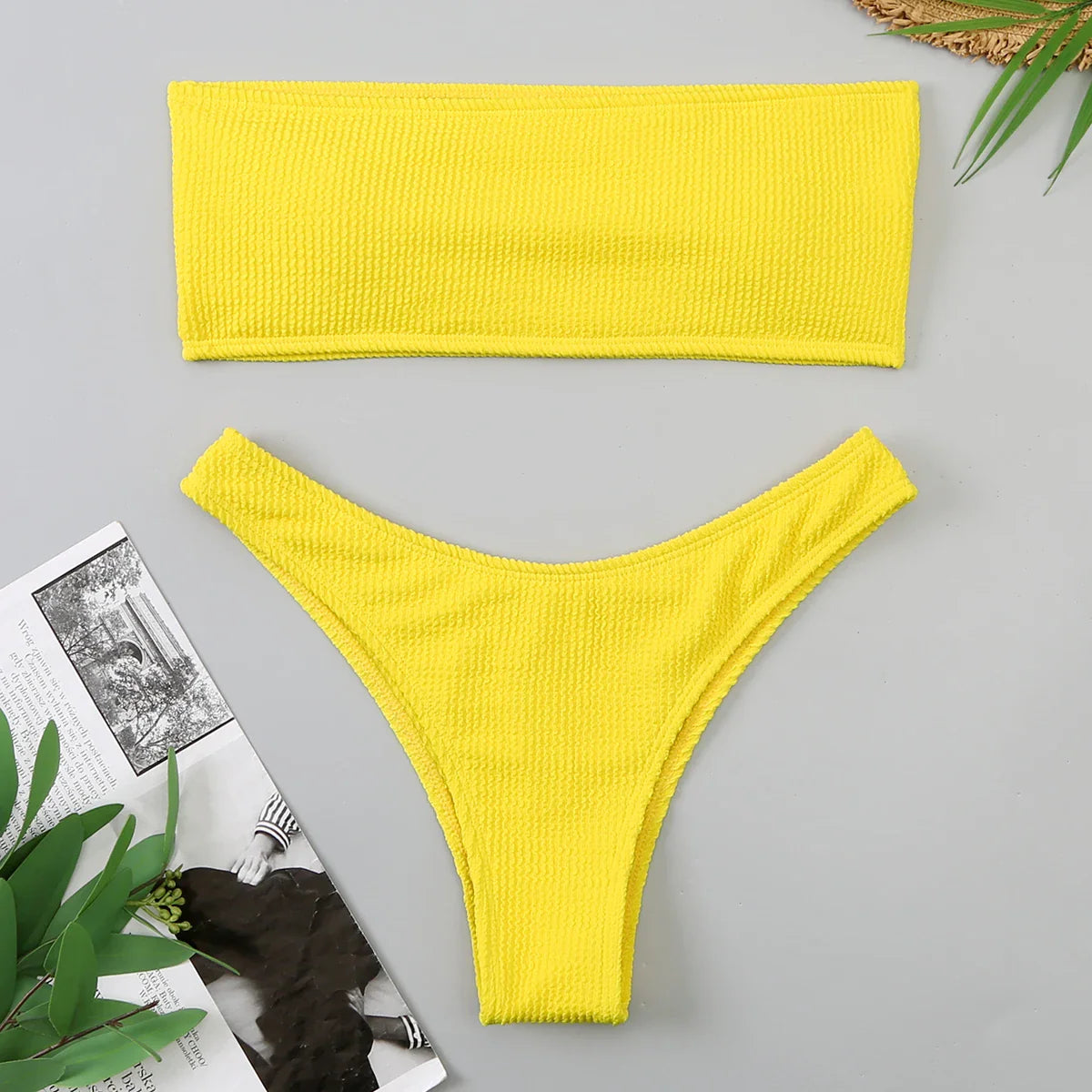 Swimwear- Beachwear Velvet Bandeau Bra & Bikini Set for Women- Yellow- Pekosa Women Fashion