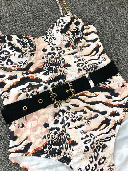 Swimwear- Belted One-Piece Swimsuit with Push-Up Underwire Support- Leopard print- Pekosa Women Fashion
