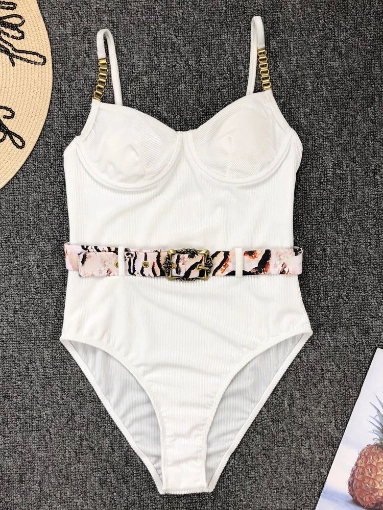 Swimwear- Belted One-Piece Swimsuit with Push-Up Underwire Support- White 3- Pekosa Women Fashion