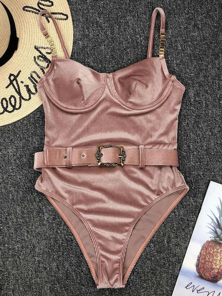 Swimwear- Belted One-Piece Swimsuit with Push-Up Underwire Support- Dark pink- Pekosa Women Fashion