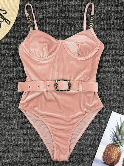 Swimwear- Belted One-Piece Swimsuit with Push-Up Underwire Support- Pink- Pekosa Women Fashion