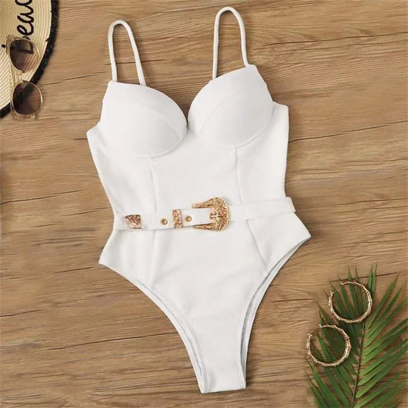 Swimwear- Belted One-Piece Swimsuit with Push-Up Underwire Support- White 1- Pekosa Women Fashion
