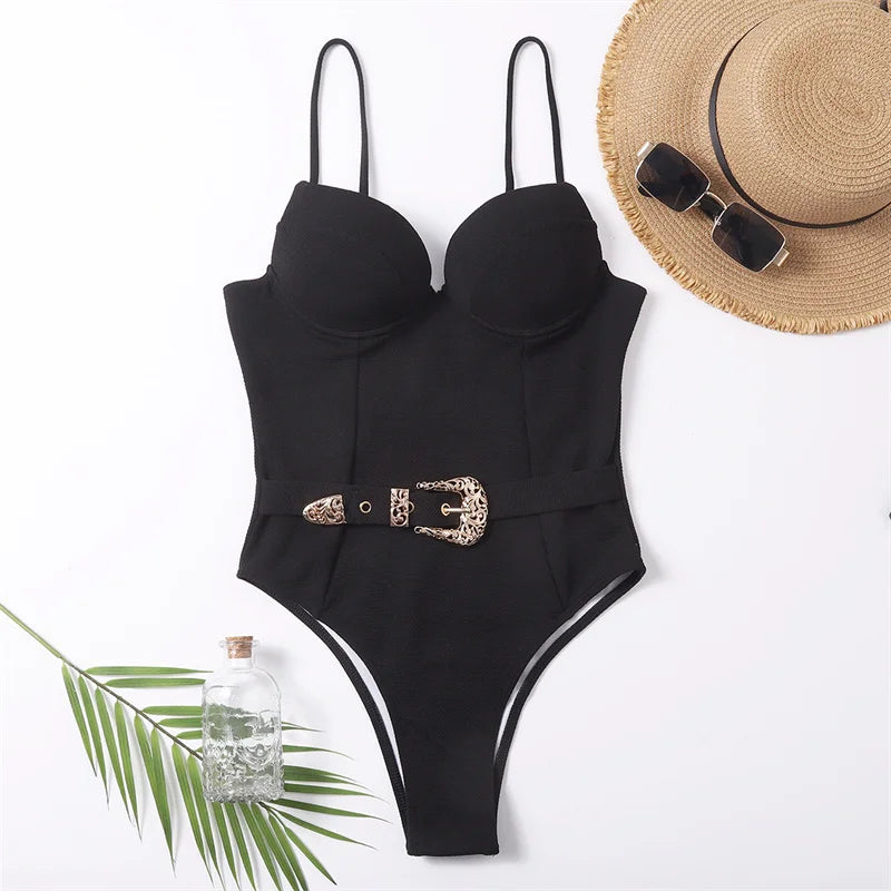 Swimwear- Belted One-Piece Swimsuit with Push-Up Underwire Support- Black 1- Pekosa Women Fashion