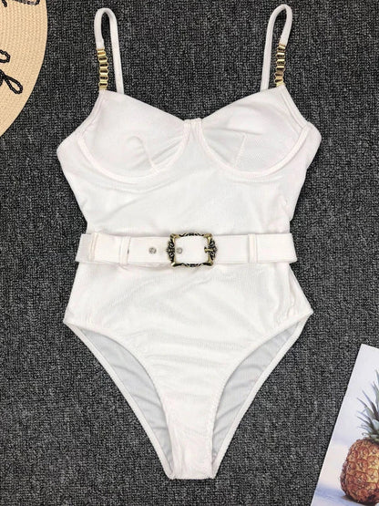 Swimwear- Belted One-Piece Swimsuit with Push-Up Underwire Support- White 4- Pekosa Women Fashion
