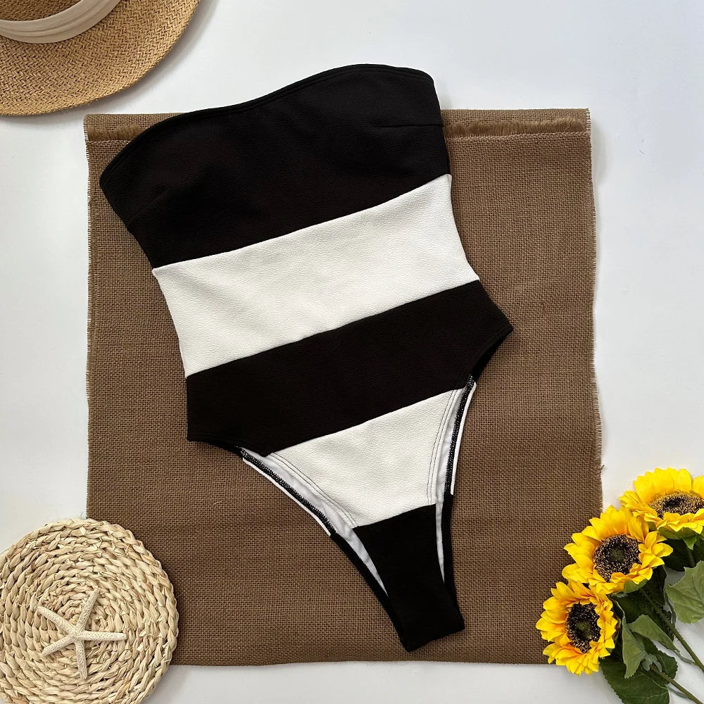 Swimwear- Monochrome Bandeau Tube Swimsuit in Black & White- - Pekosa Women Fashion