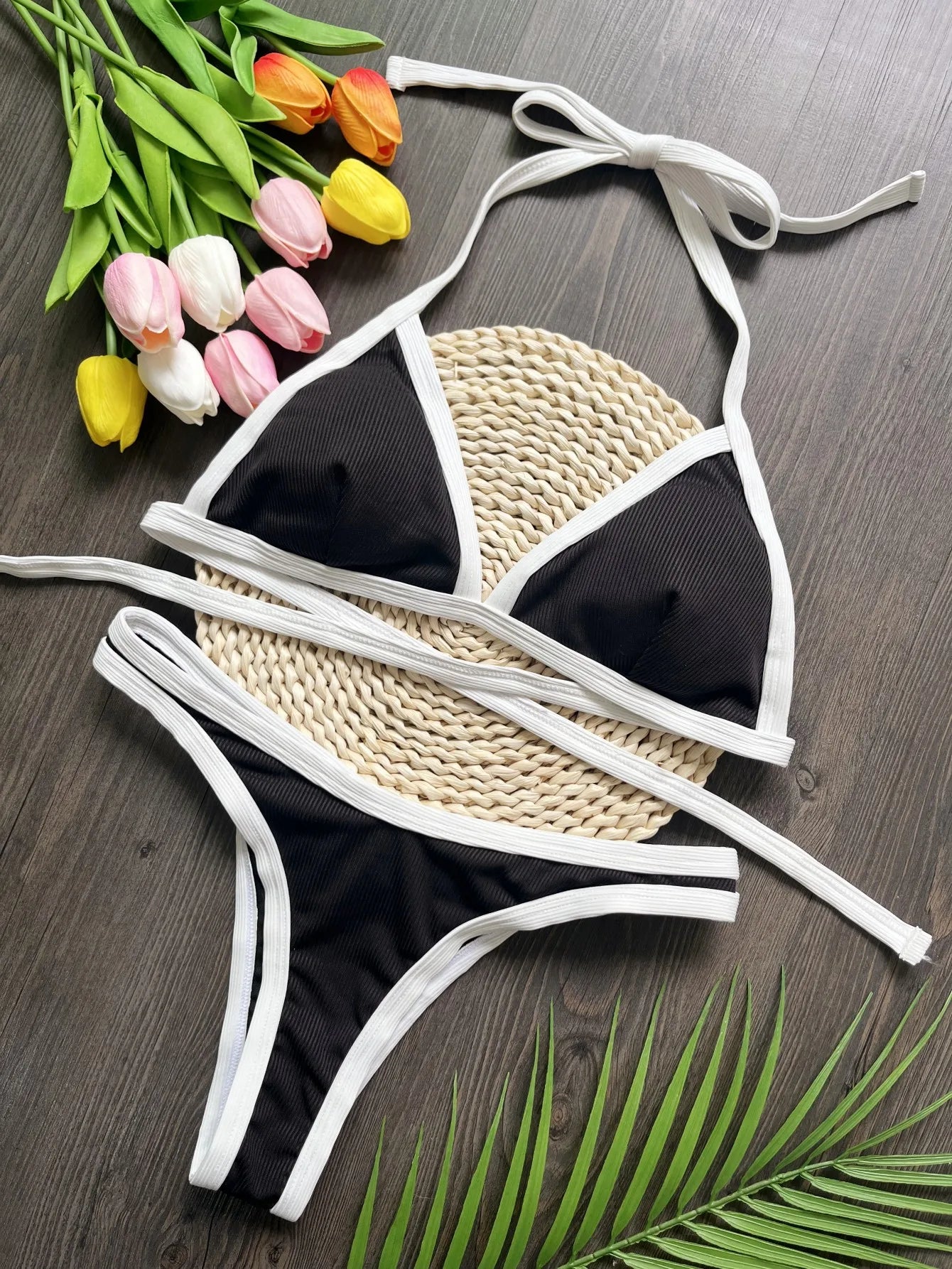 Swimwear- Triangle Bikini Set in Black & White - Perfect for Summer- Black- Pekosa Women Fashion