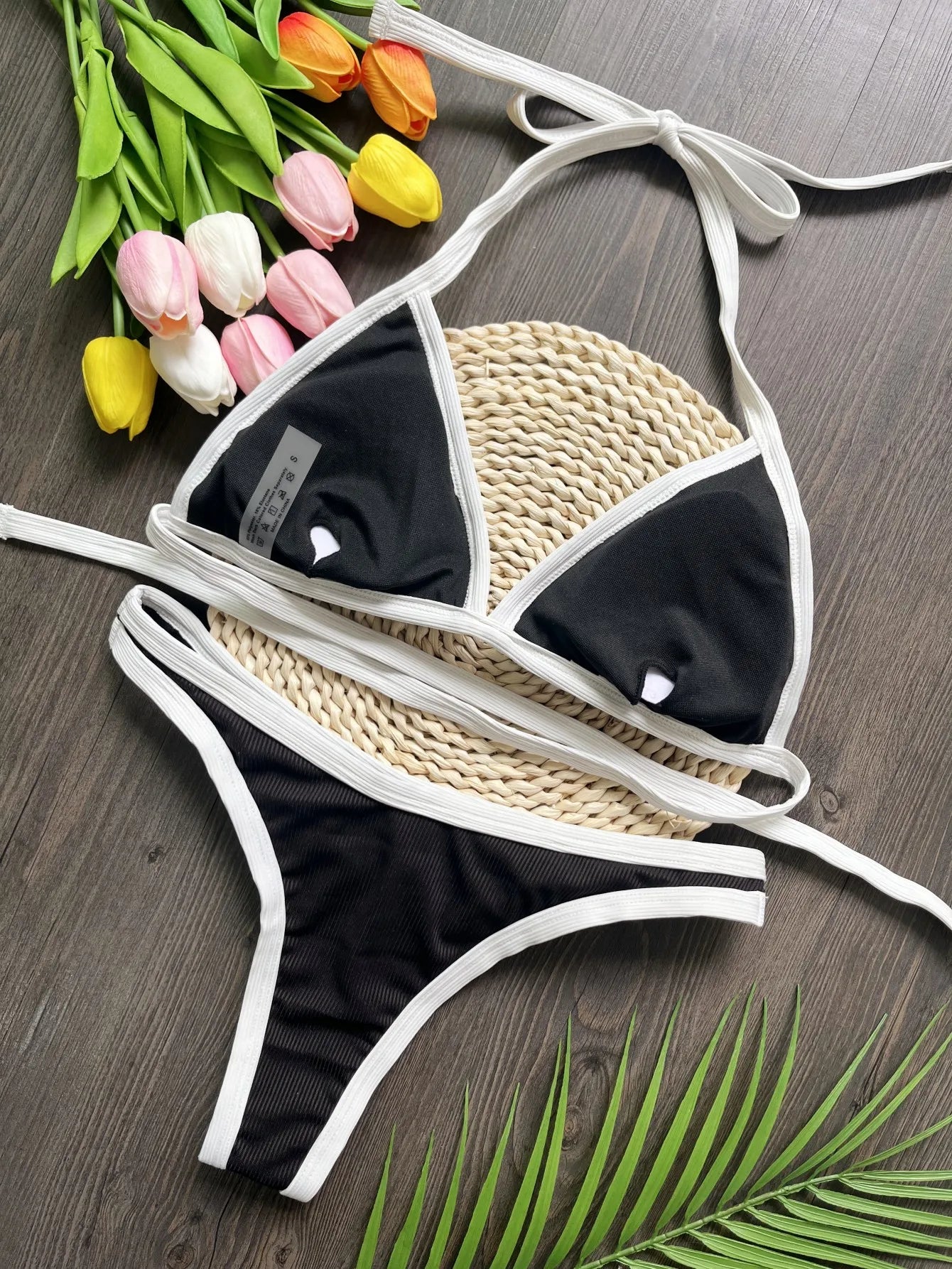 Swimwear- Triangle Bikini Set in Black & White - Perfect for Summer- - Pekosa Women Fashion