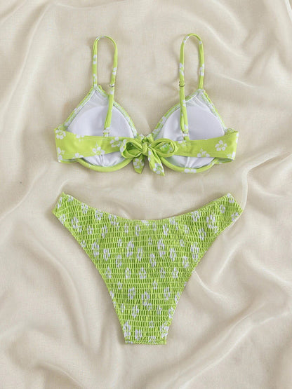 Swimwear- Blossom Floral Ruched 2 Piece Swimsuit Set - Underwire Bra & Bikini- - Pekosa Women Fashion