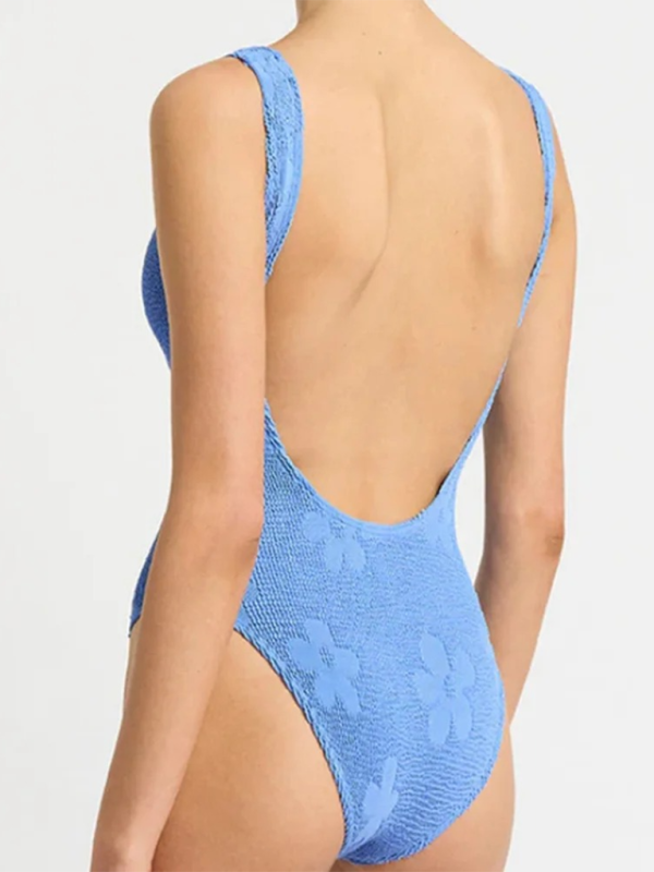 Swimwear- Blue Floral Textured Swimsuit - One-Piece Swimwear- - Pekosa Women Fashion