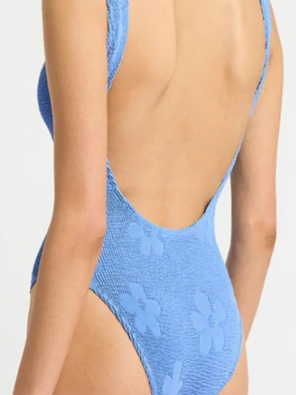 Swimwear- Blue Floral Textured Swimsuit - One-Piece Swimwear- - Pekosa Women Fashion