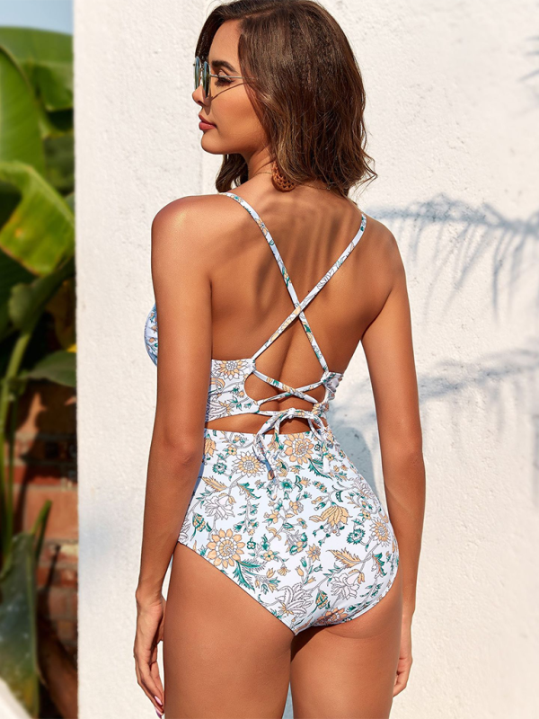 Swimwear- Boho Women's Paisley High-Waist Plunge Swimsuit for Pool Parties- - Pekosa Women Fashion