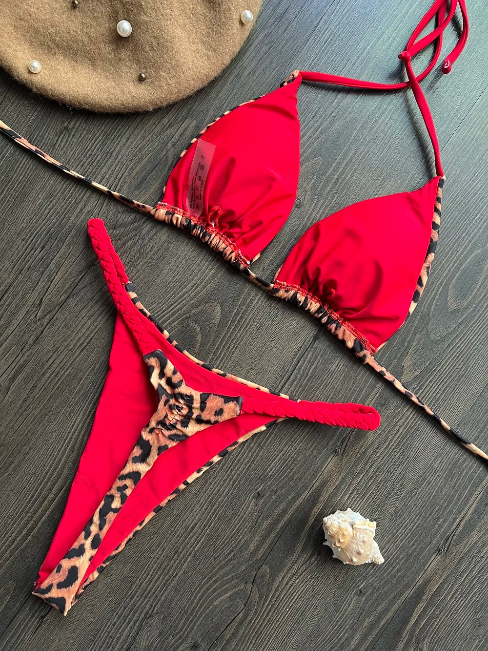 Swimwear- Brazilian Tiger Print Triangle Bra & Braided Micro Bikini 2 Piece Set- - Chuzko Women Clothing