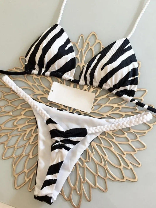 Swimwear- Brazilian Tiger Print Triangle Bra & Braided Micro Bikini 2 Piece Set- - Chuzko Women Clothing