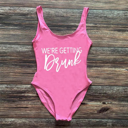 Swimwear- Bridal Squad Getting Married Print One-Piece Swimwear for Brides"- Pink White- Pekosa Women Fashion