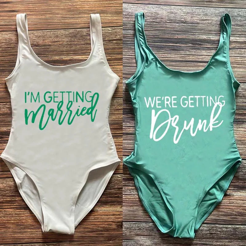 Swimwear- Bridal Squad Getting Married Print One-Piece Swimwear for Brides"- - Pekosa Women Fashion