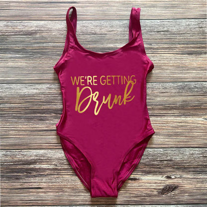 Swimwear- Bridal Squad Getting Married Print One-Piece Swimwear for Brides"- Wine Red Gold- Pekosa Women Fashion