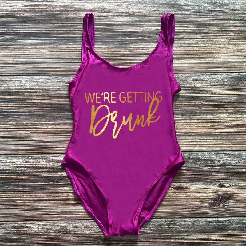 Swimwear- Bridal Squad Getting Married Print One-Piece Swimwear for Brides"- Purple Gold- Pekosa Women Fashion