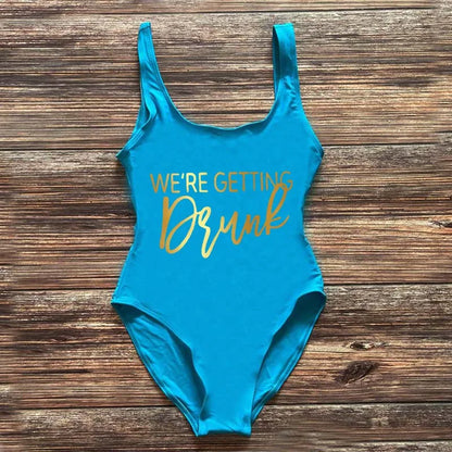 Swimwear- Bridal Squad Getting Married Print One-Piece Swimwear for Brides"- Blue Gold- Pekosa Women Fashion