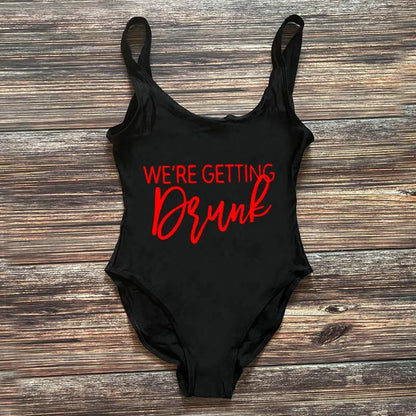 Swimwear- Bridal Squad Getting Married Print One-Piece Swimwear for Brides"- Black Red- Pekosa Women Fashion