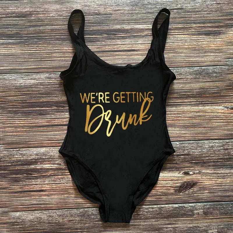 Swimwear- Bridal Squad Getting Married Print One-Piece Swimwear for Brides"- Black Gold- Pekosa Women Fashion