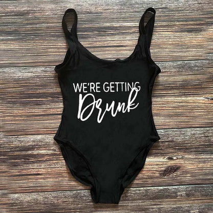 Swimwear- Bridal Squad Getting Married Print One-Piece Swimwear for Brides"- Black White- Pekosa Women Fashion