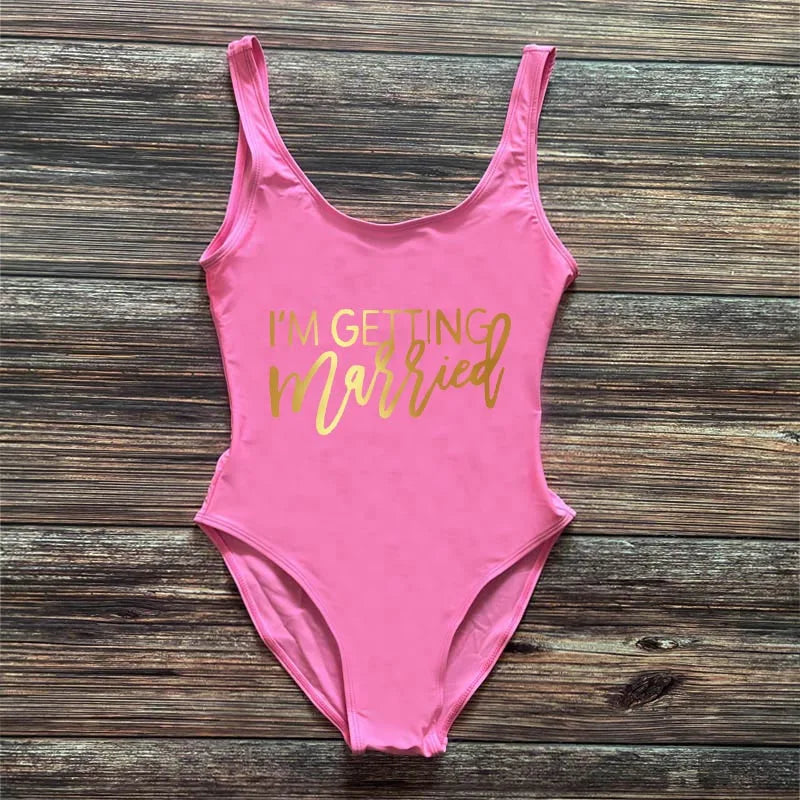 Swimwear- Bridal Squad Getting Married Print One-Piece Swimwear for Brides"- Pink Gold 2- Pekosa Women Fashion