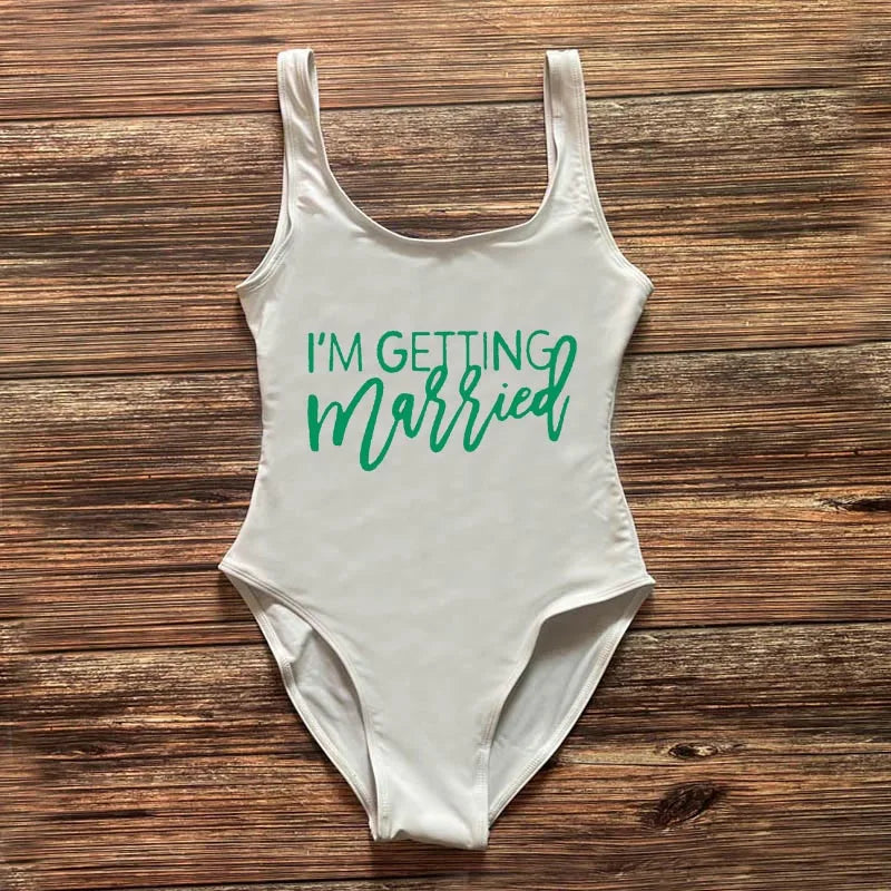 Swimwear- Bridal Squad Getting Married Print One-Piece Swimwear for Brides"- White Green- Pekosa Women Fashion