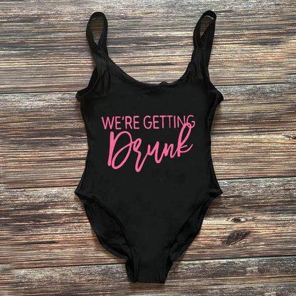 Swimwear- Bridal Squad Getting Married Print One-Piece Swimwear for Brides"- Black Pink- Pekosa Women Fashion