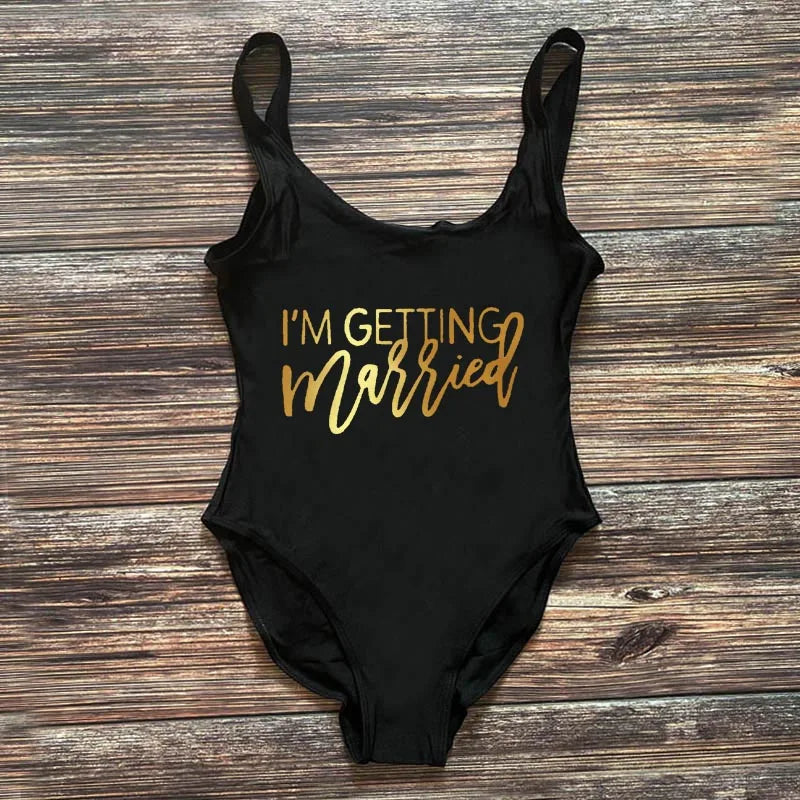 Swimwear- Bridal Squad Getting Married Print One-Piece Swimwear for Brides"- Black Gold 2- Pekosa Women Fashion