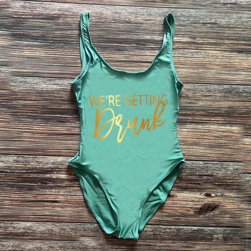 Swimwear- Bridal Squad Getting Married Print One-Piece Swimwear for Brides"- Aqua Gold- Pekosa Women Fashion