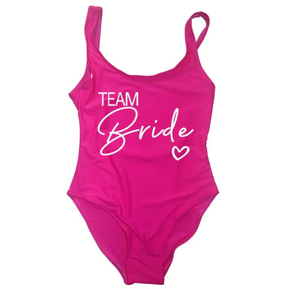 Swimwear- Bride Squad Women's Team Bride Print Swimwear- hot pink1- Pekosa Women Fashion