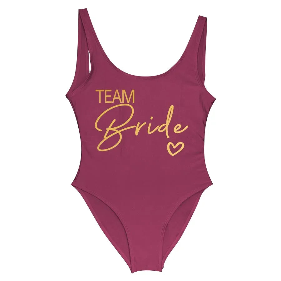 Swimwear- Bride Squad Women's Team Bride Print Swimwear- wine team2- Pekosa Women Fashion