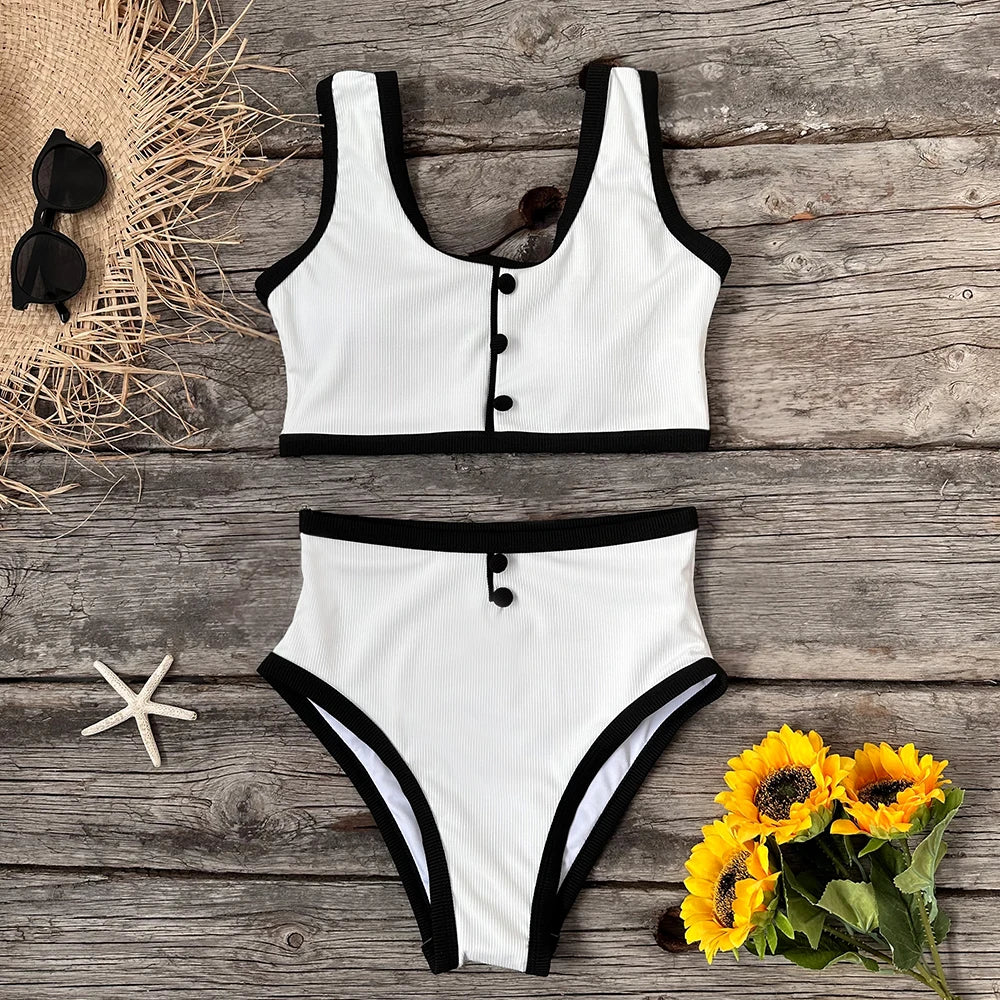 Swimwear- Buttoned Elegant Black & White 2-Piece Swimwear- - Chuzko Women Clothing