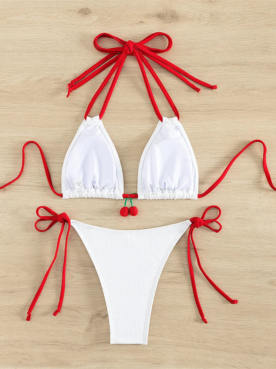 Swimwear- Cherry Swimwear Contrast Tone Triangle Bra & Bikini Set for Beach Days- - Chuzko Women Clothing