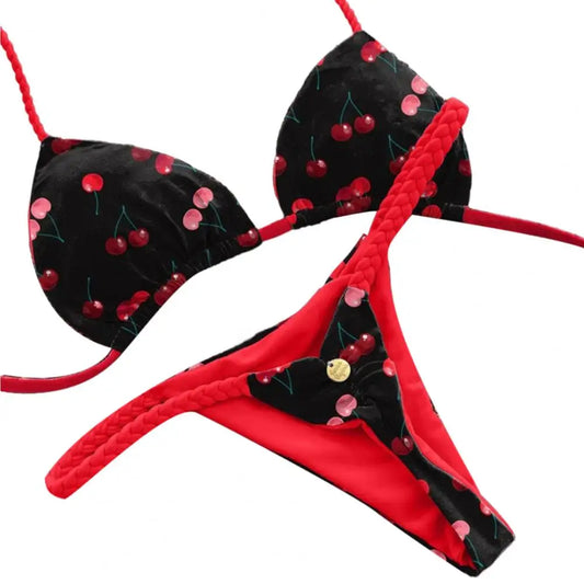 Swimwear - Cherry Triangle Bikini with Braided Straps for Summer Escapes