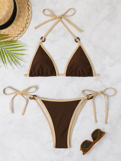 Swimwear- Classy String Bikini Perfect for Sunset Cruises- Brown- Pekosa Women Fashion