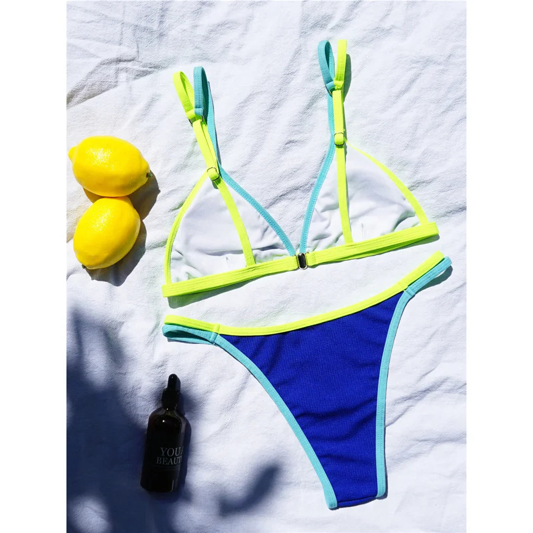 Swimwear- Colorful Lemon Contrast Bikini 2-Piece Set Swimwear for Beach Vacations- - Pekosa Women Fashion