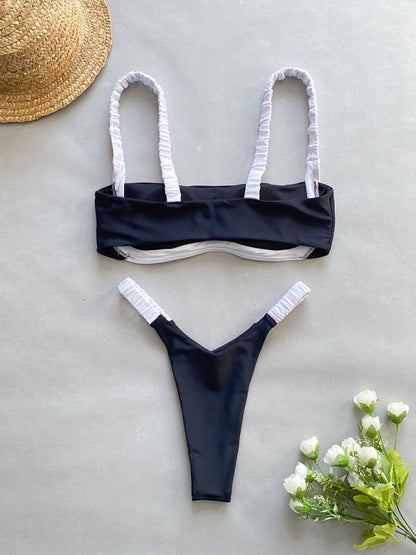 Swimwear- Contrast Ruched 2 Piece Swimsuit - Square Bra & High Cut Micro-Bikini- - Pekosa Women Fashion