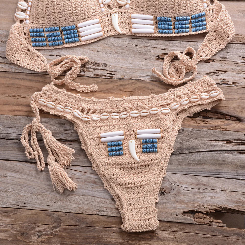 Swimwear- Crochet Bikini Handcrafted Beaded 2-Piece Swimwear for Women- - Chuzko Women Clothing