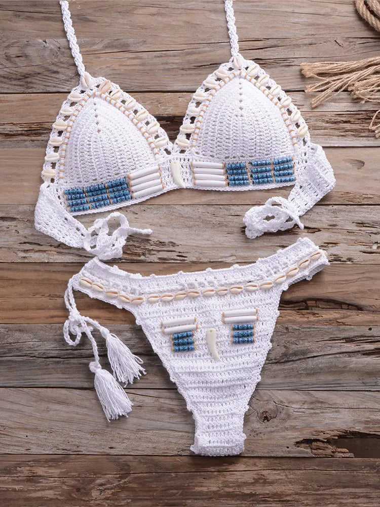 Swimwear- Crochet Bikini Handcrafted Beaded 2-Piece Swimwear for Women- WHITE- Chuzko Women Clothing