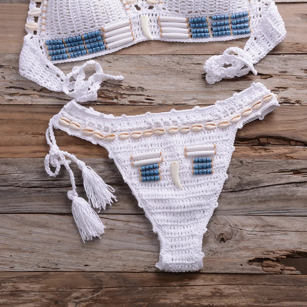 Swimwear- Crochet Bikini Handcrafted Beaded 2-Piece Swimwear for Women- - Chuzko Women Clothing