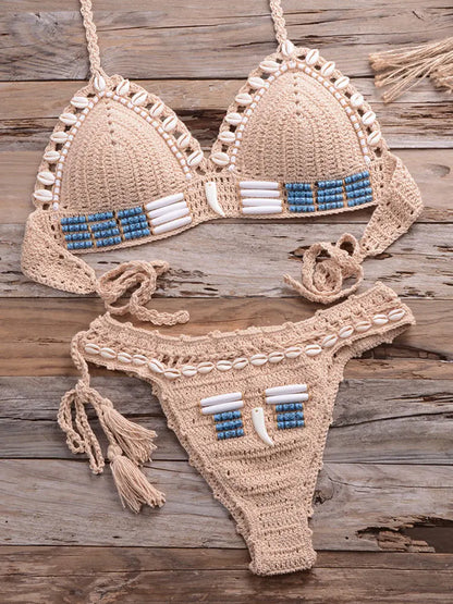 Swimwear- Crochet Bikini Handcrafted Beaded 2-Piece Swimwear for Women- Apricot- Chuzko Women Clothing