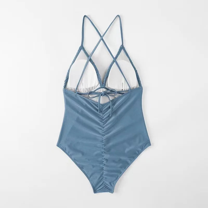 Swimwear - Cross-Back Monokini with Textured Bust One-Piece Swimwear