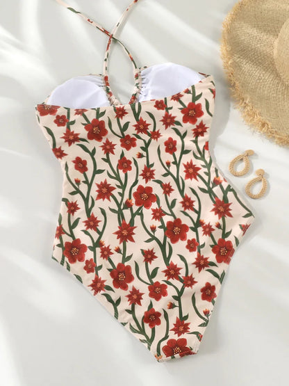 Swimwear - Cutout Swimwear Floral One-Piece Halter Swimsuit