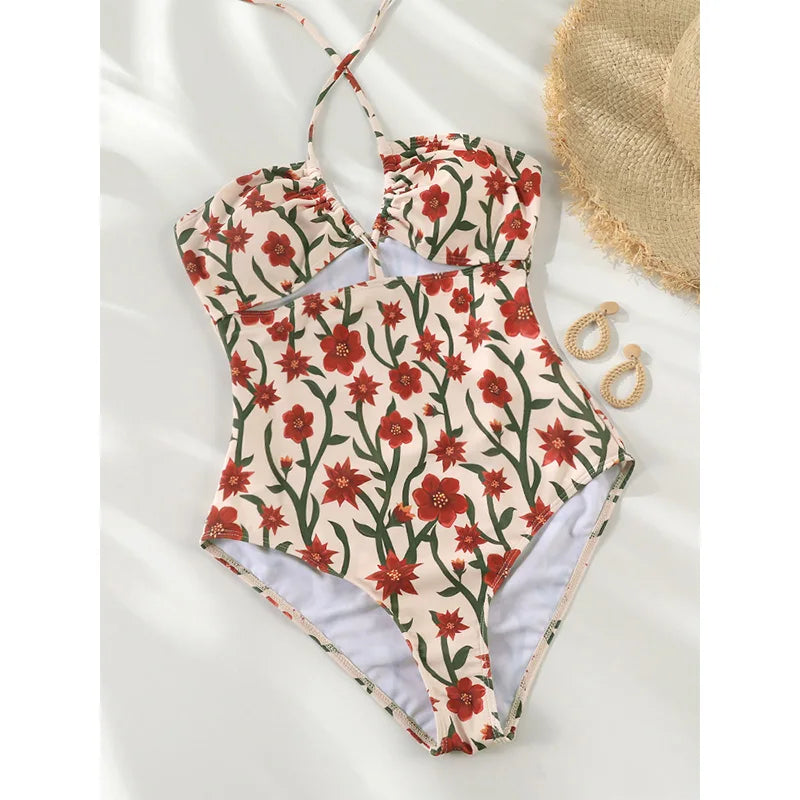 Swimwear - Cutout Swimwear Floral One-Piece Halter Swimsuit