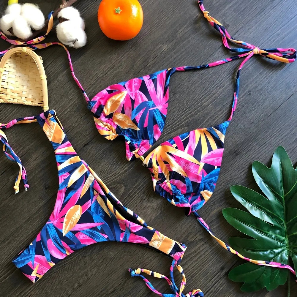 Swimwear- Exotic Tropical String 2-Piece Swim Set - Triangle Bra & Ruched-Side Bikini for Women- - Chuzko Women Clothing